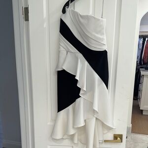 Black and White Asymmetrical Midi Dress with Ruffles